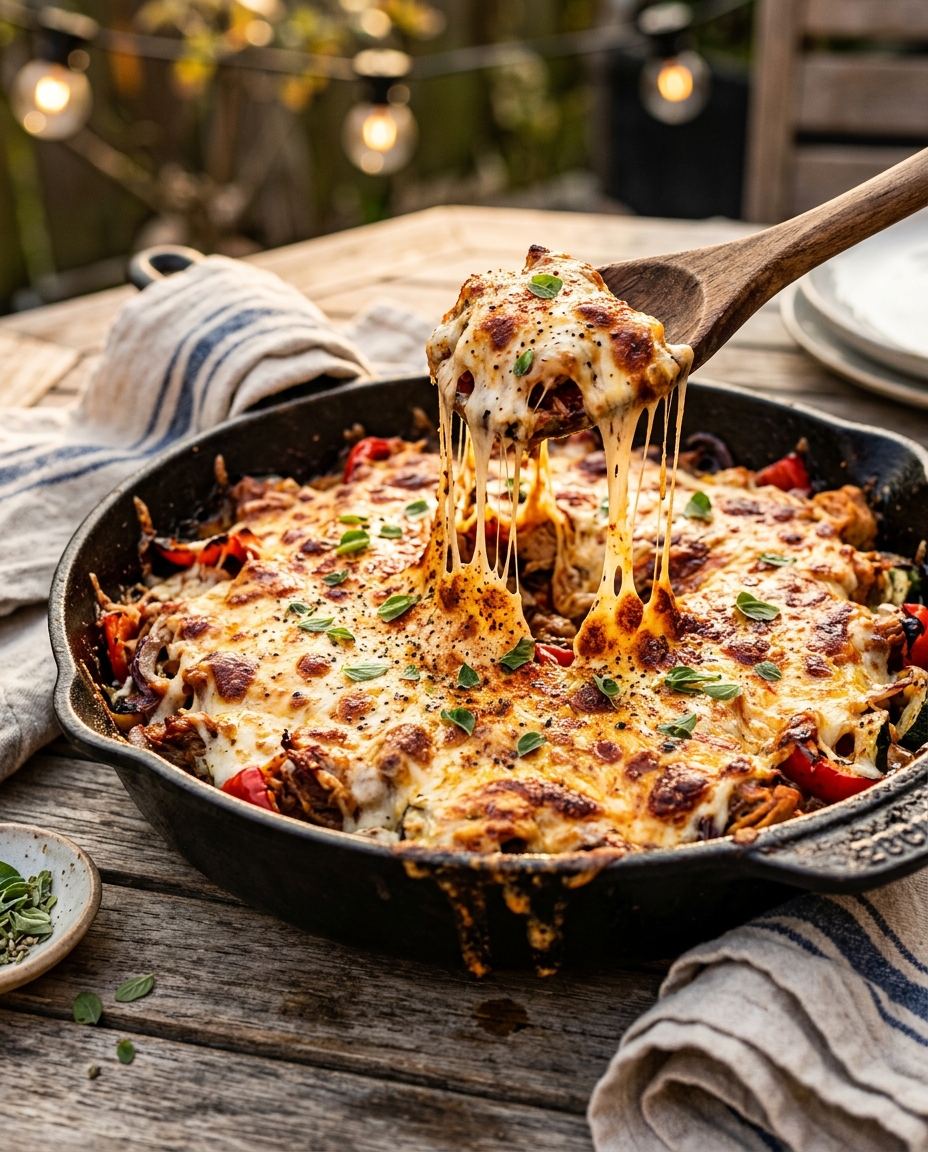 Smeuige KETO ovenschotel op tafel, kaasdraden, lampjes in de tuin