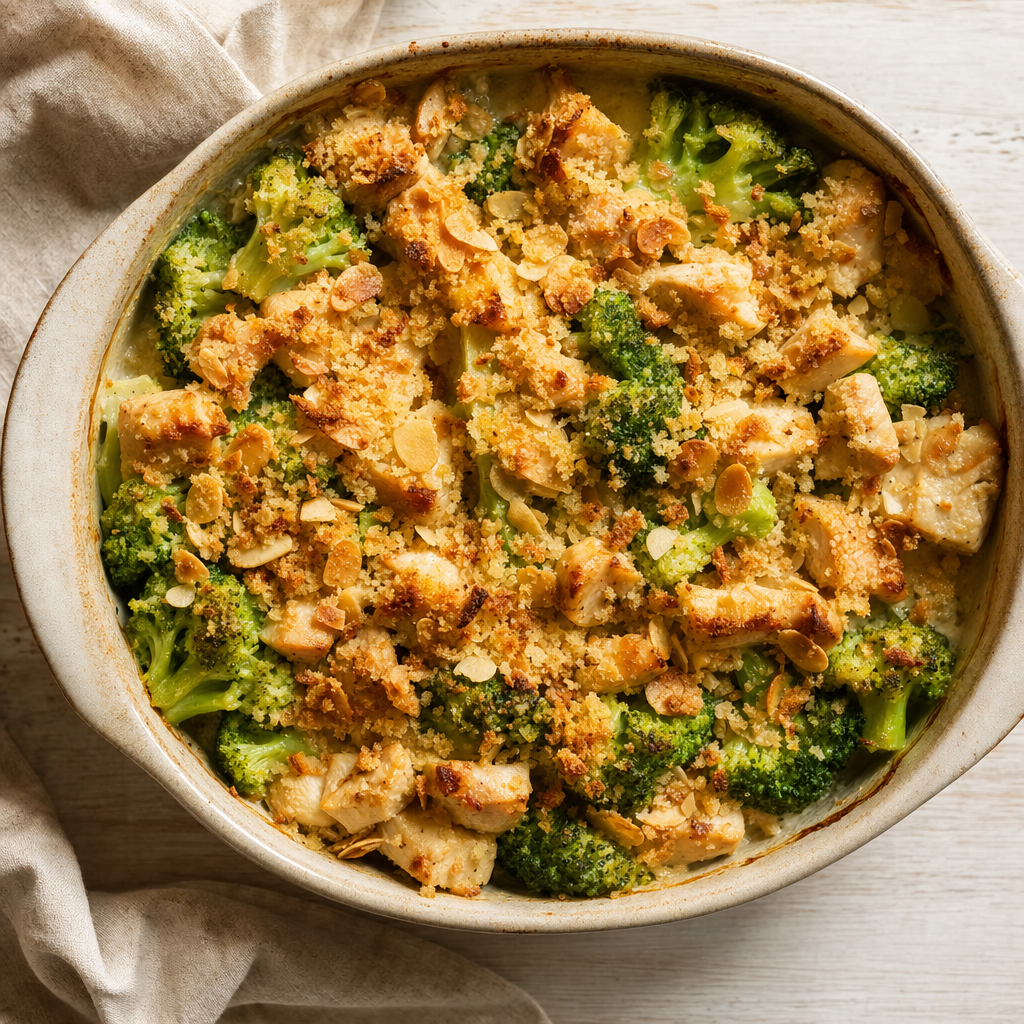 Kip-broccolischotel met amandelkruim