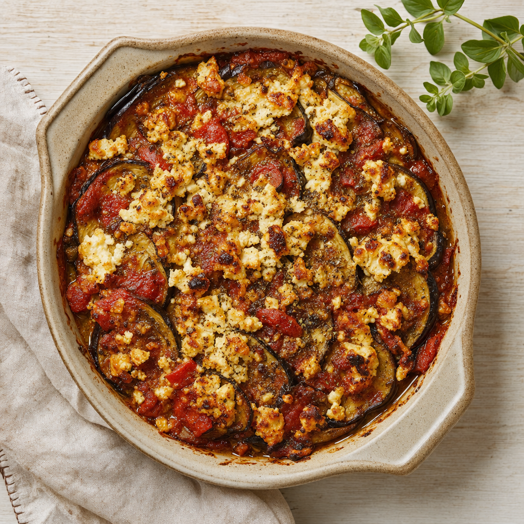Griekse aubergineschotel met feta