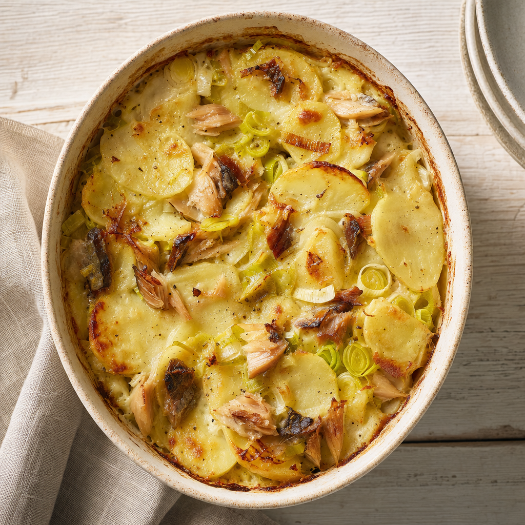Gerookte makreel-aardappelschotel met prei