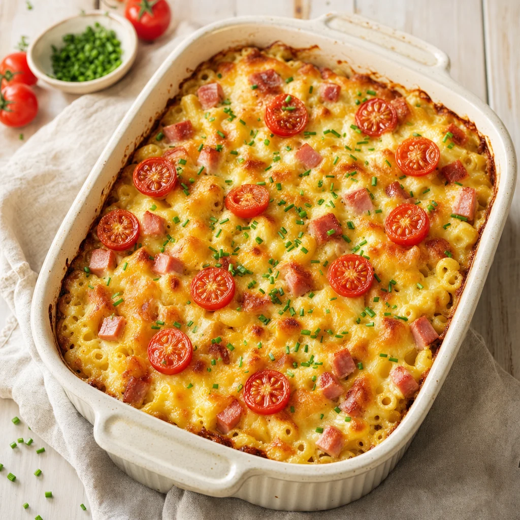 Ouderwetse macaronischotel met ham en kaas
