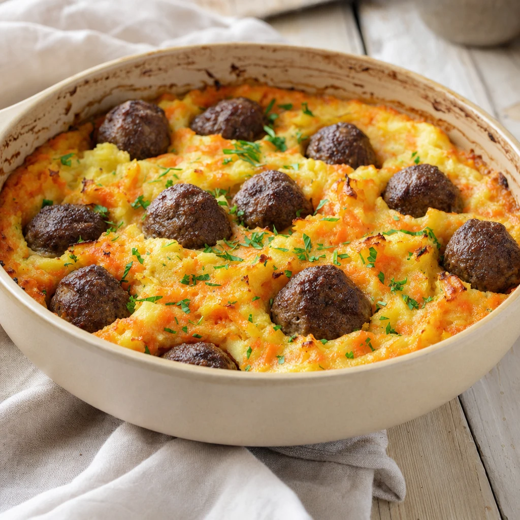 Hutspot-ovenschotel met gehaktballetjes