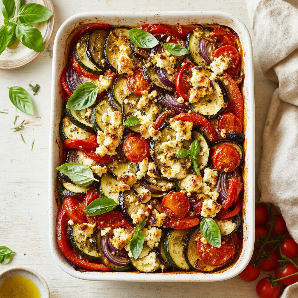 Mediterrane Groente-Feta Gratin met courgette, paprika en tomaat