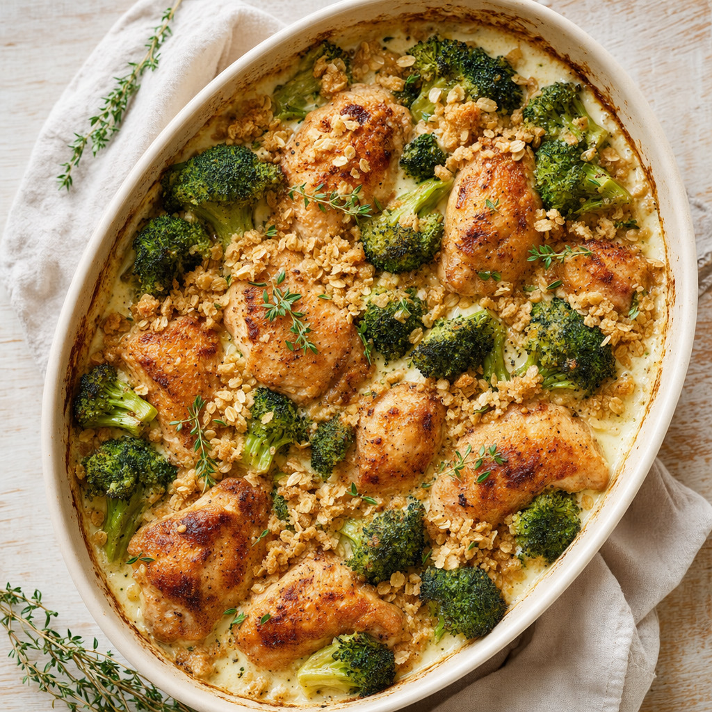 Kip-Broccoli Ovenschotel met havercrumble en tijm