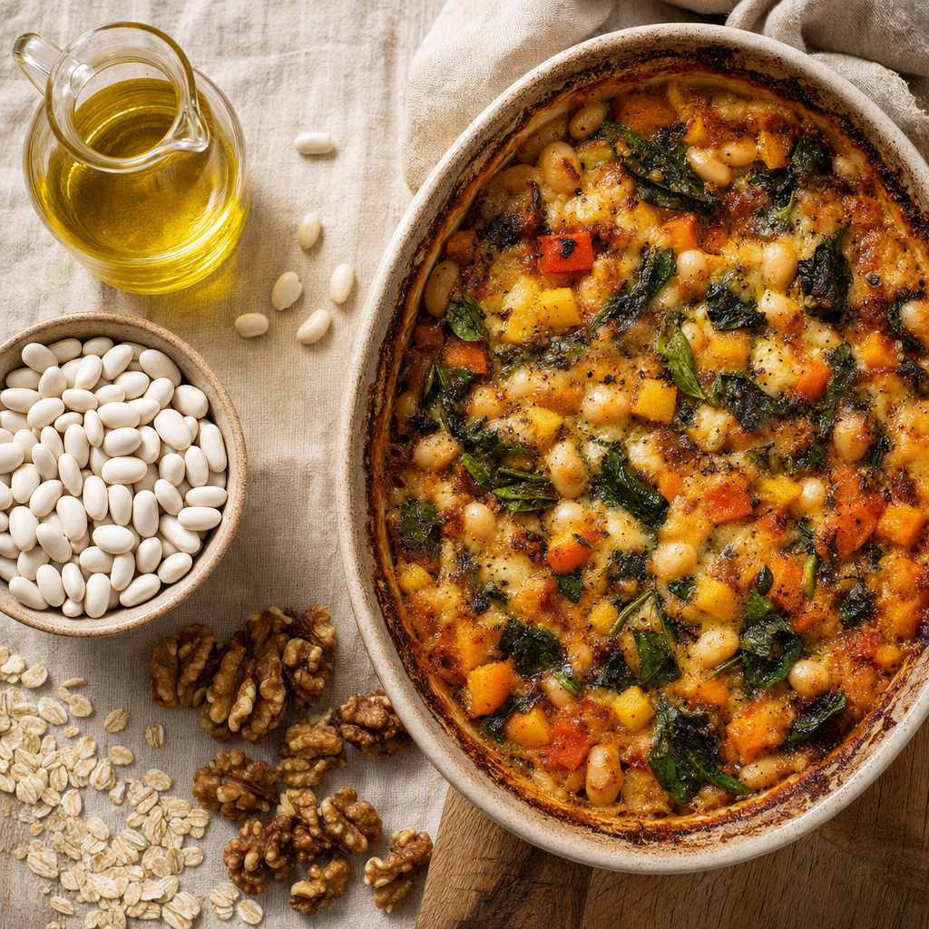 Vaatvriendelijke ovenschotel met broccoli, bonen en olijfolie, warm uit de oven