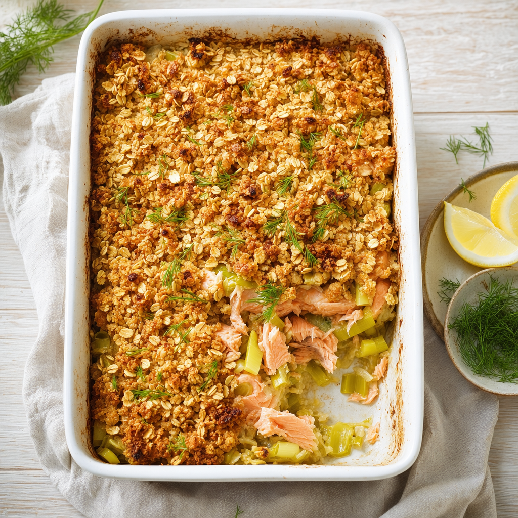 Zalm-Preischotel met haverkruim en dille