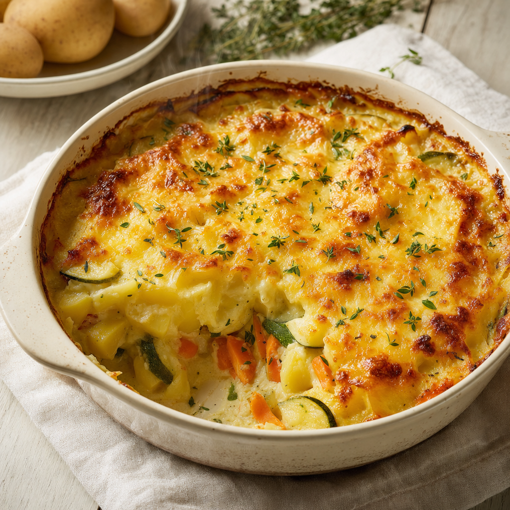Gewone Hollandse ovenschotel, goudbruin uit de oven — zonder ui en knoflook