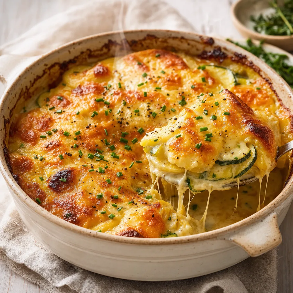 Gewone Hollandse ovenschotel, goudbruin uit de oven — zonder ui en knoflook