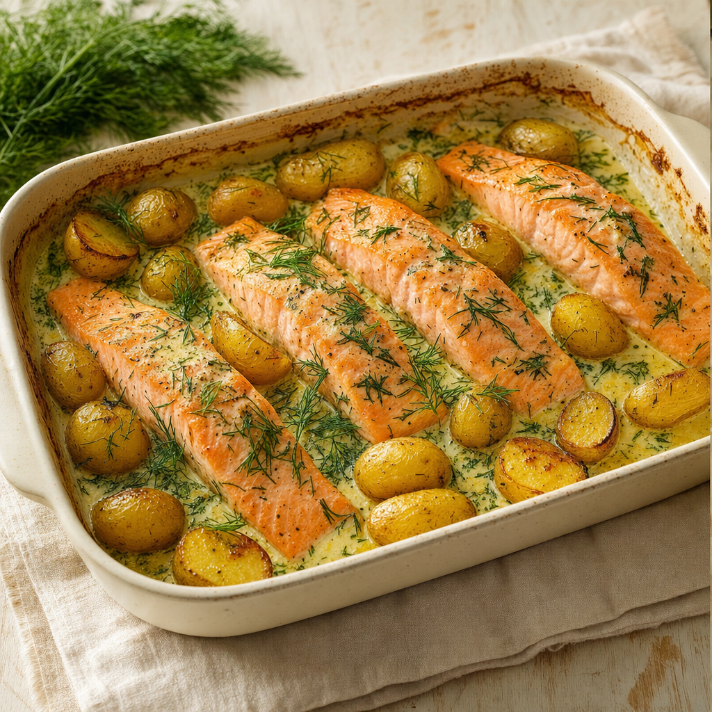 Zalmschotel met Krieltjes en Dilleroom — low-FODMAP ovenschotel