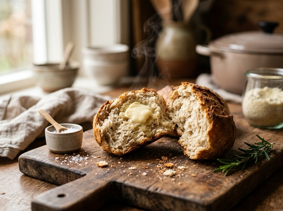Vers KETO mokbrood, doormidden gebroken met luchtig kruim en knapperige korst