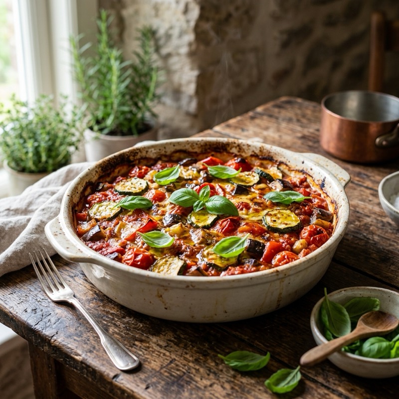 Mediterrane Courgetteschotel met courgette, aubergine en cherrytomaat