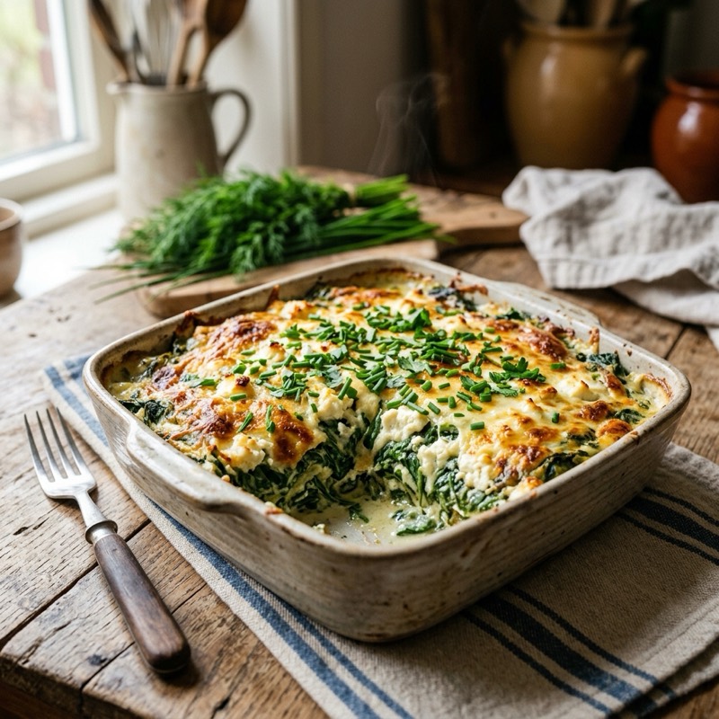 Griekse Feta-Spinazie Ovenpot met gesmolten kaaskorst