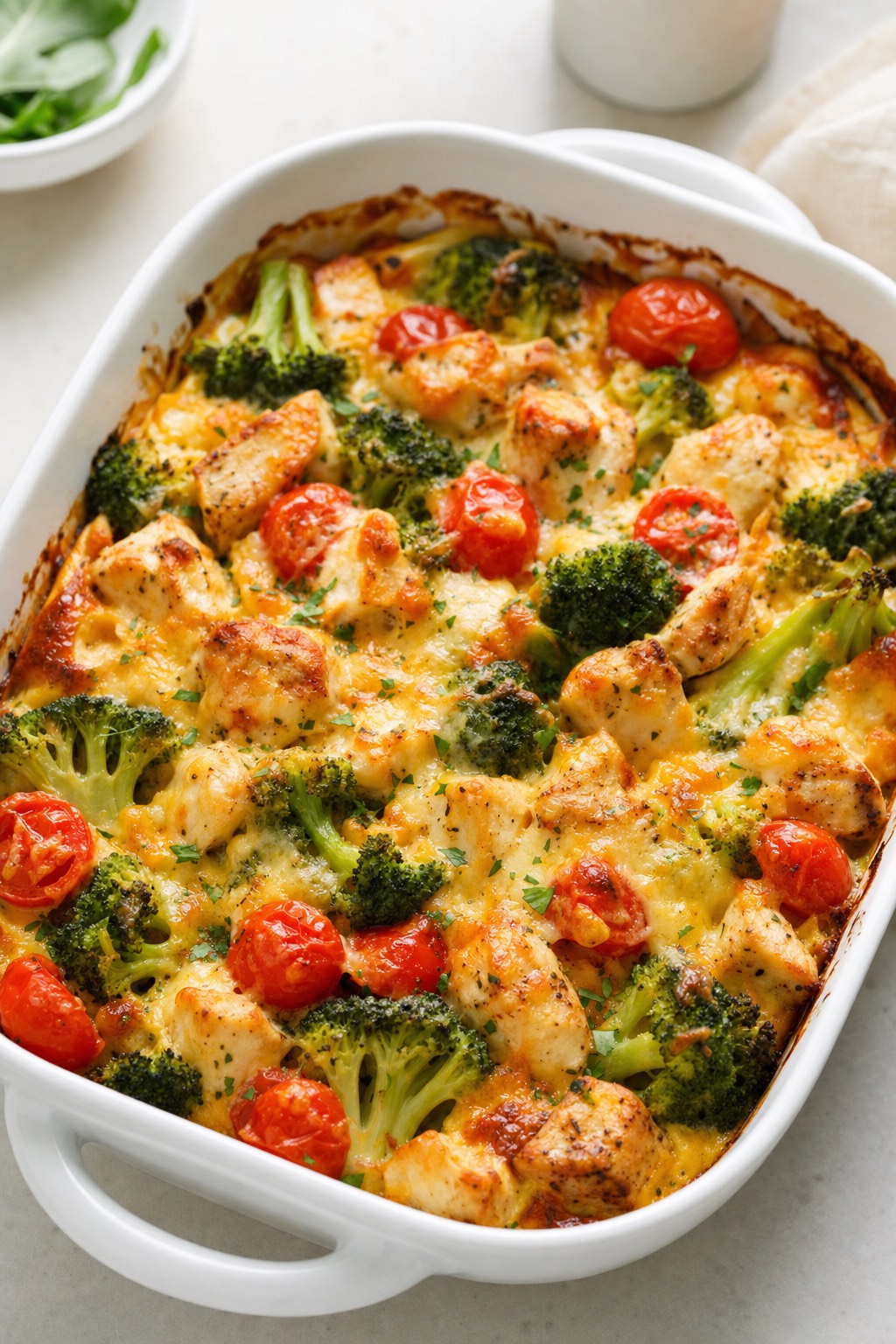 Bloedsuikervriendelijke kip-broccoli ovenschotel met cherrytomaatjes en broccoli, warm uit de oven