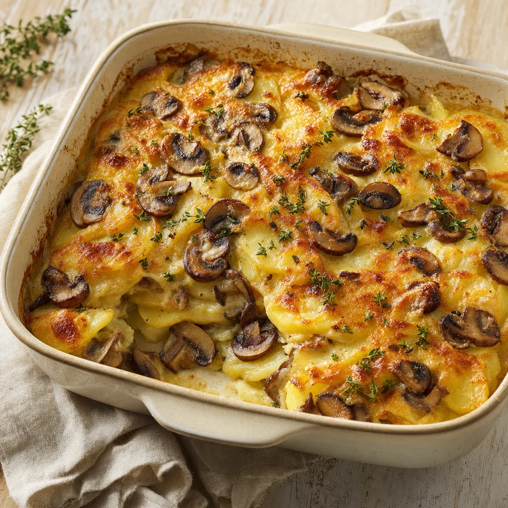 Aardappelgratin met Kastanjechampignons — purinearme ovenschotel