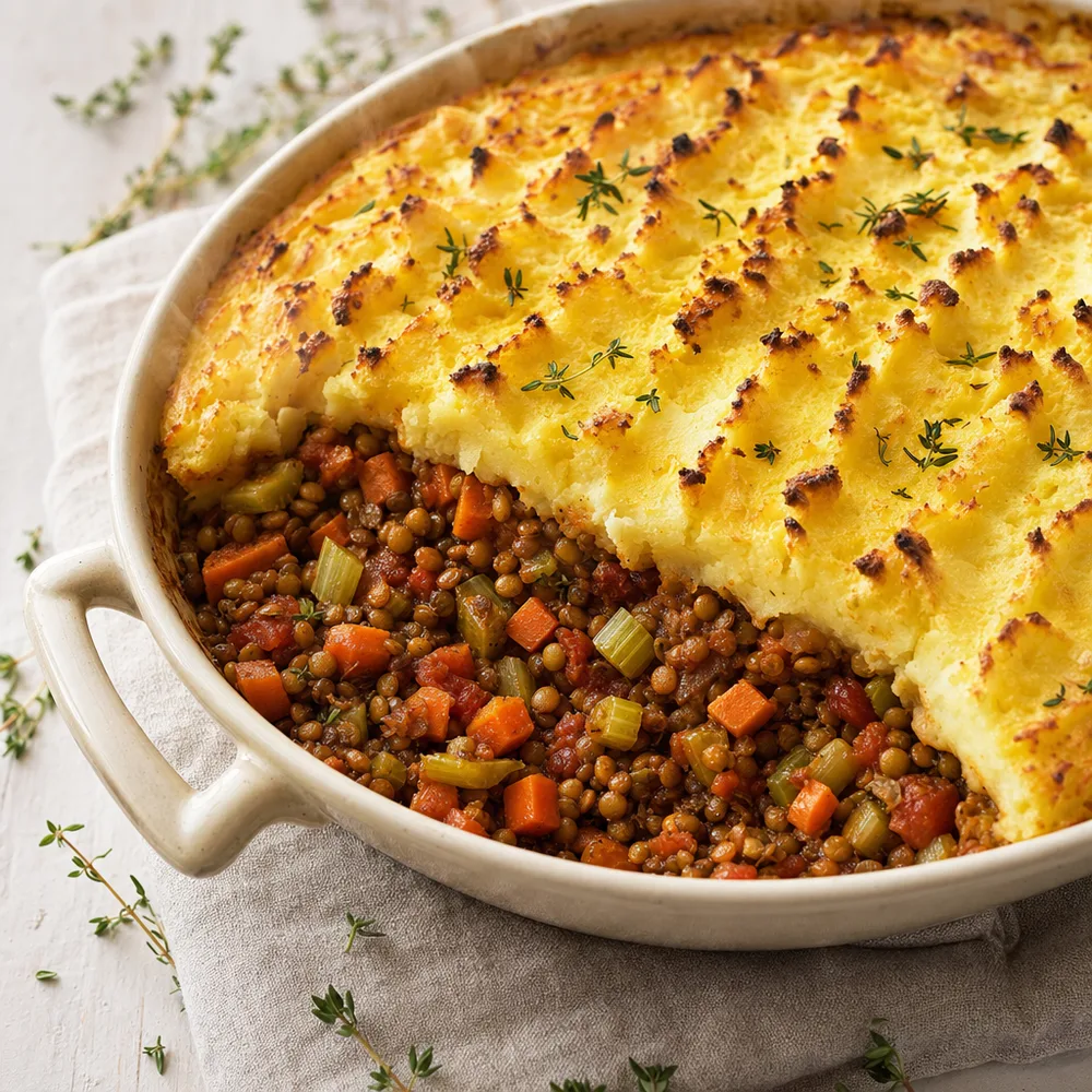Linzenschotel met Aardappelkorst — purinearme ovenschotel