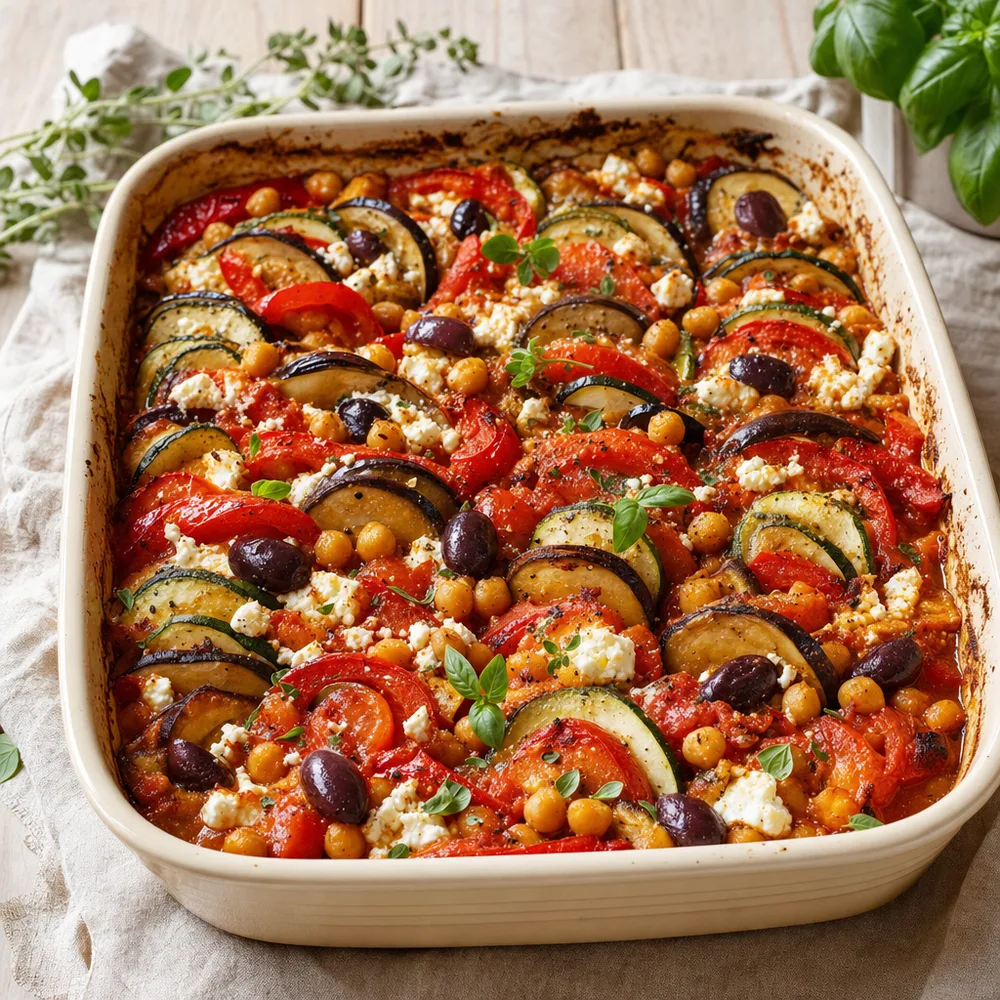 Mediterrane Groenteschotel met Kikkererwten en Feta — purinearme ovenschotel