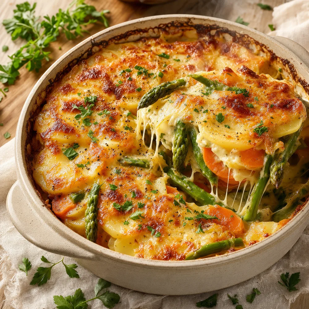 Purinearme ovenschotel met aardappel, wortel en asperge, goudbruin uit de oven